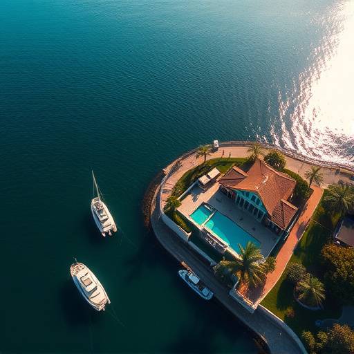 A beautifully shot aerial view of a luxury waterfront property featured in a real estate video for 'Pacific Coast Properties'.