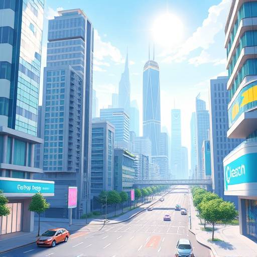 A still from an animated explainer video showcasing a futuristic city powered by clean energy, designed for 'GreenTech Innovations'.