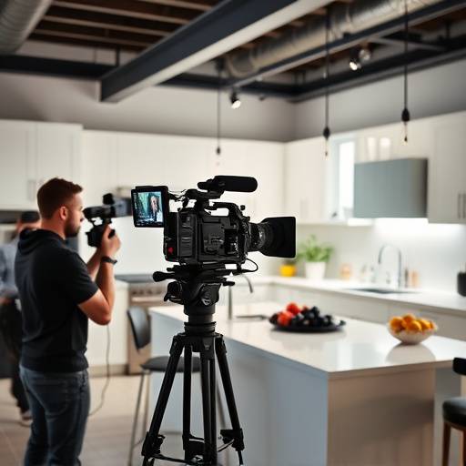 Film crew shooting a commercial in a bright, modern kitchen set.