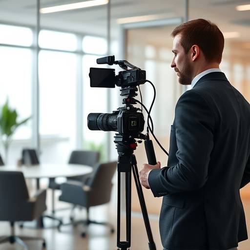 Professional cameraman filming an interview in a corporate office setting.