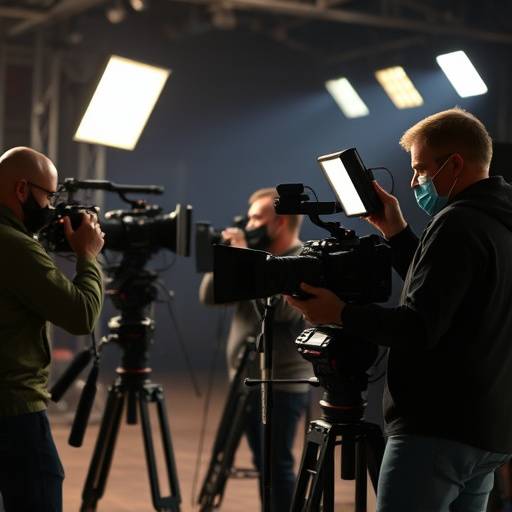 Professional film crew operating cameras and lighting equipment on set.