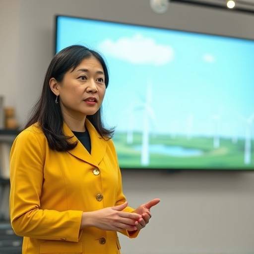 Screenshot from a corporate training video featuring Sarah Chen, Lead Engineer, giving a presentation on sustainable energy solutions.