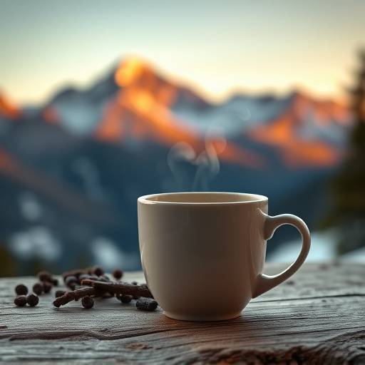 Still image from a television commercial for 'Cascadia Coffee', showcasing a steaming cup of coffee in a cozy mountain setting.