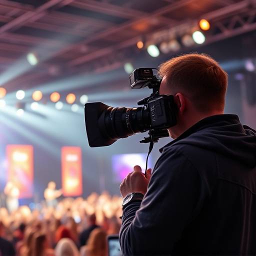 Videographer capturing a live performance at a music festival.